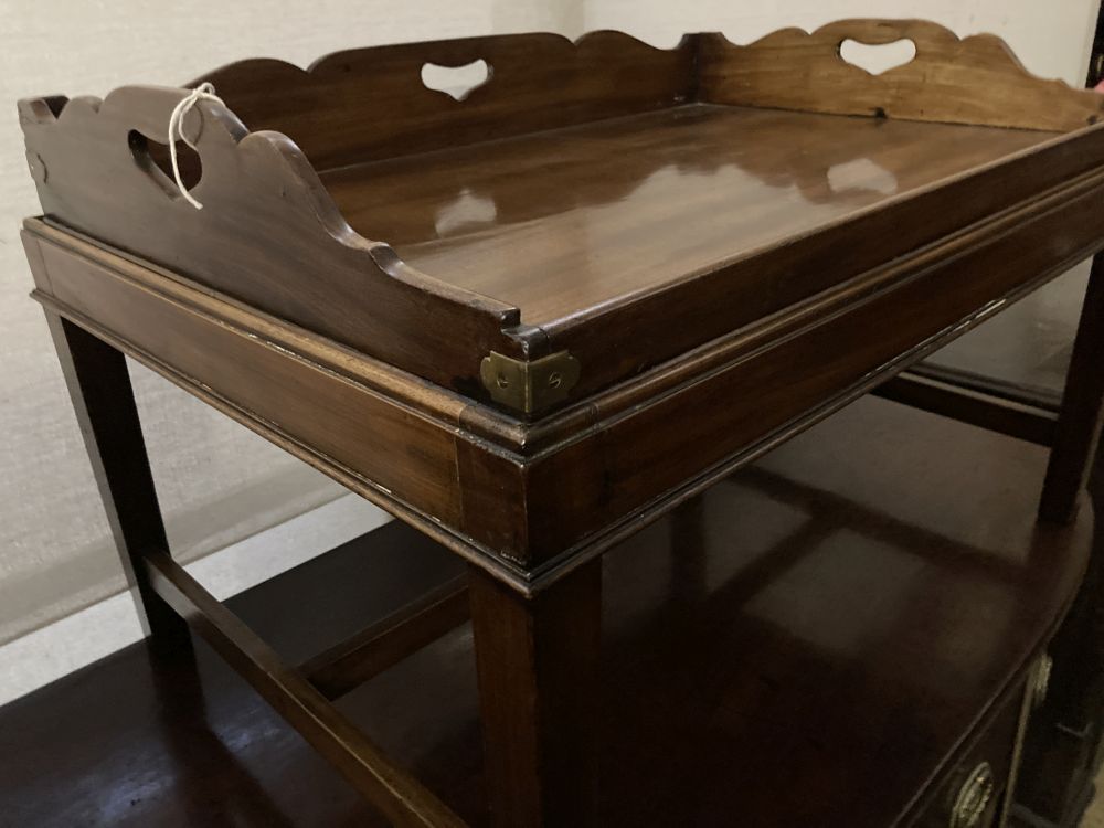A Victorian rectangular mahogany butlers tray on later stand, width 78cm, depth 52cm, height 48cm